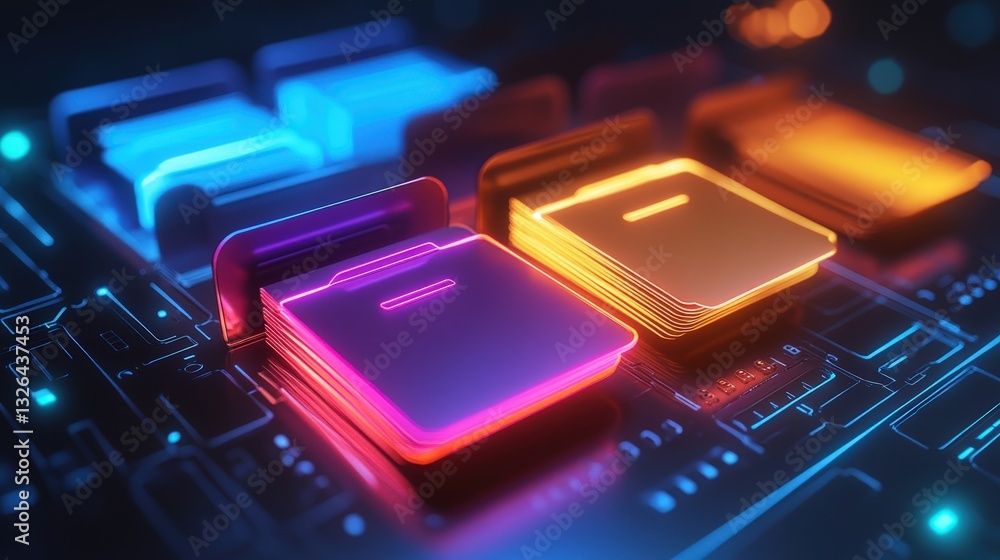 Poster a vibrant close-up of illuminated circuit board components, showcasing colorful buttons and intricat