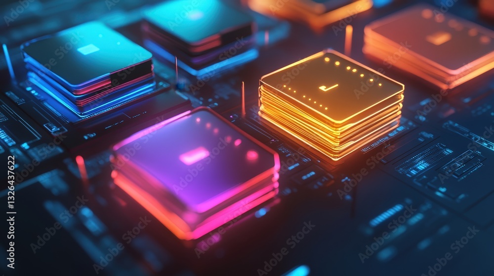 Poster a close-up view of vibrant microchips on a circuit board, showcasing colorful lights and intricate t