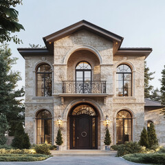 two-storey house made of beige stone, heavy entrance door made of carved wood, patterns, round metal handle on the door,high floor-to-ceiling windows visible light from the chandelier