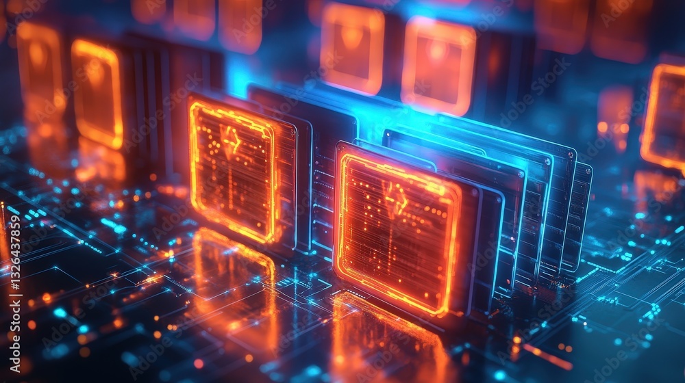 Poster a vibrant representation of computer processors featuring glowing circuitry, highlighting technology
