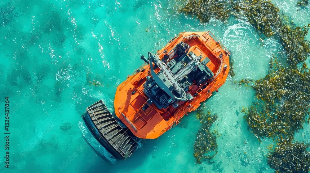 Poster coastal dredging operations, a robotic vessel efficiently dredging silt in coastal waters, enhancing