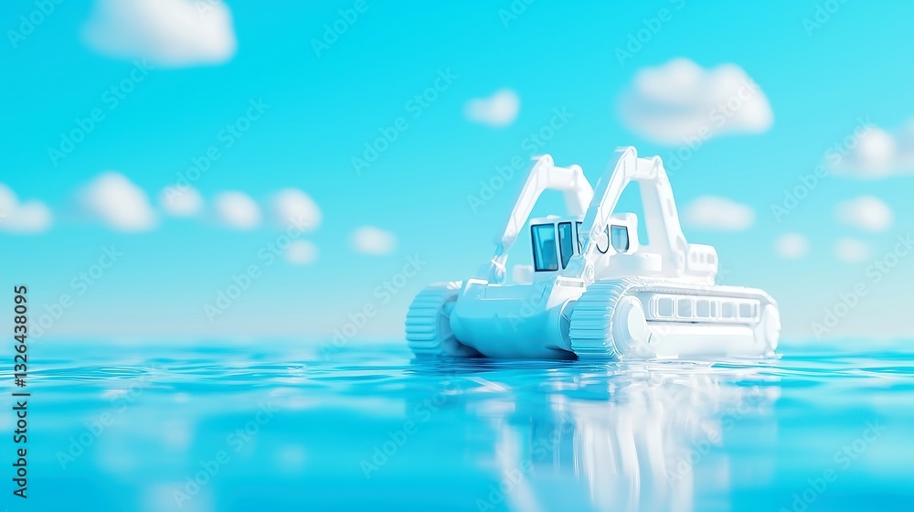 Poster coastal robot dredger in action, a sleek robot floats above clear waters, efficiently clearing debri