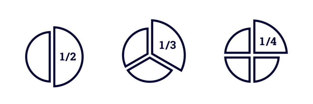 Three distinct circle diagrams display fractions labeled one half, one third, and one fourth.