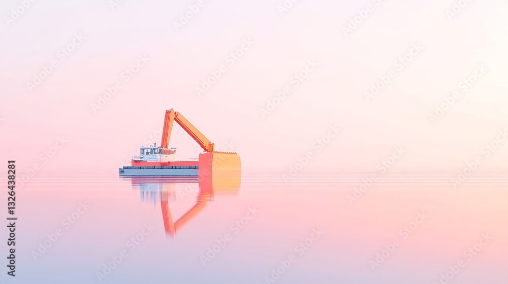 Poster robot harbor depth maintenance, dredging vessel efficiently removing sand buildup, minimalist backdr