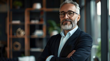 Fototapeta premium A man wearing a suit and glasses is standing in front of a window