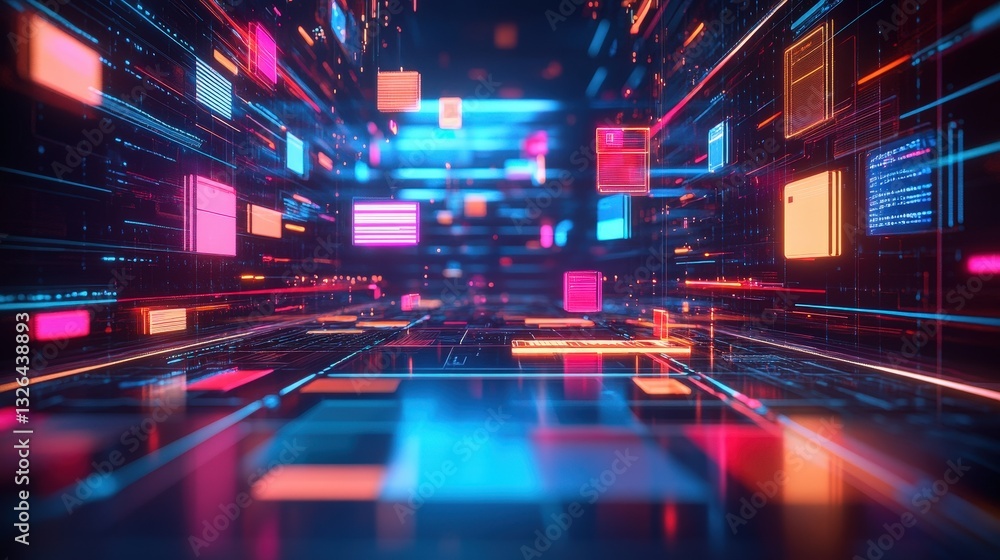 Poster a vibrant, futuristic digital landscape filled with glowing neon squares and lines, suggesting a dyn