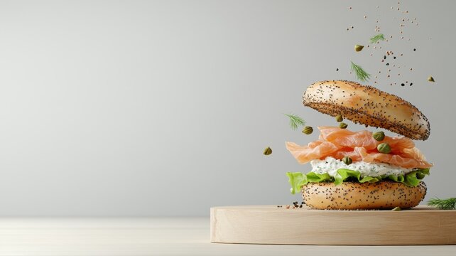Elegant bagel with smoked salmon, lettuce, and cream cheese, garnished with herbs, on a wooden board. Minimalist background.