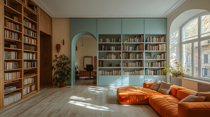 Spacious, modern home library with a comfortable seating area