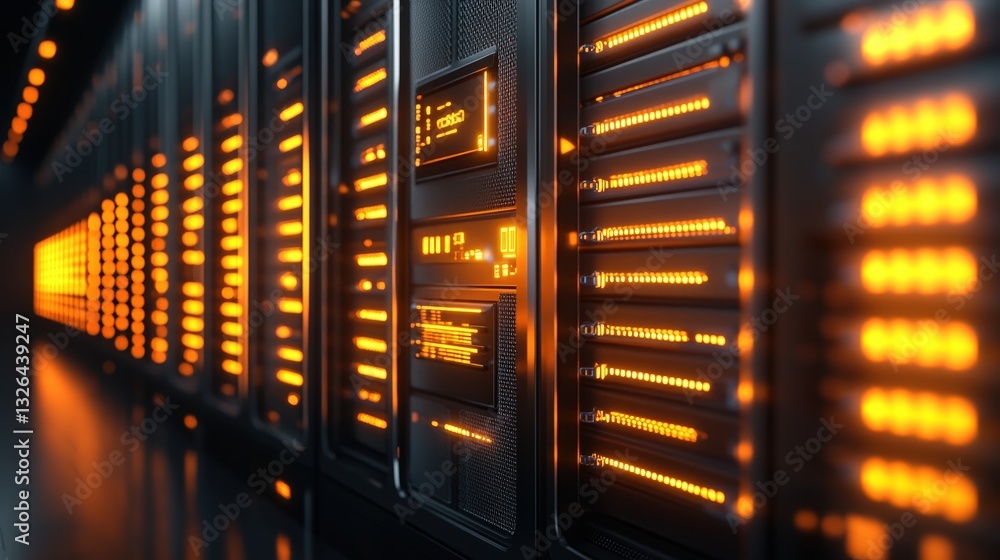 Poster a close-up view of illuminated server racks in a data center, showcasing technology and connectivity