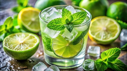 Fototapeta premium Refreshing lime and mint drink, a summer delight.