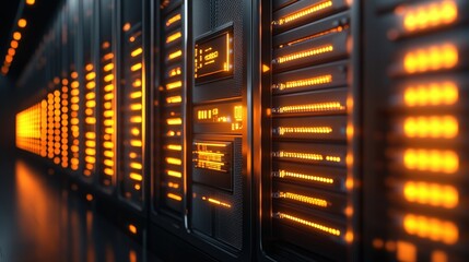 A close-up view of illuminated server racks in a data center, showcasing technology and connectivity with glowing orange lights.