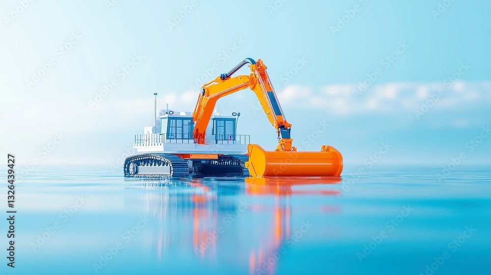 Poster hydraulic dredger in action, large robot extracting silt to maintain shipping routes, minimalist bac