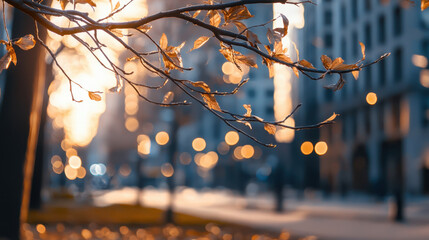 Sustainable urban forest planning, close up of tree branches with leaves swaying in wind, illuminated by warm light