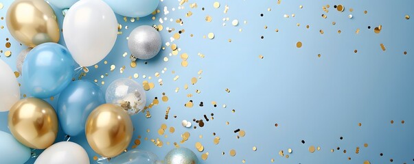 A blue background with gold and white balloons and confetti