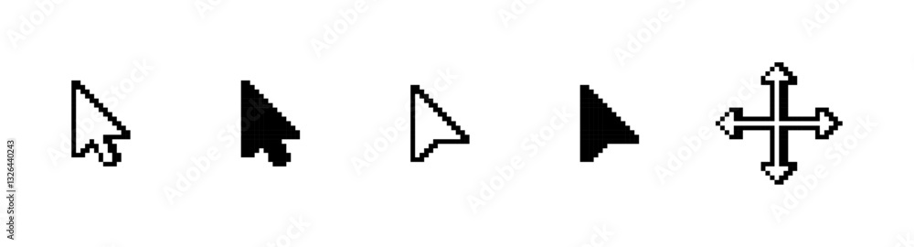 Poster cursor icons in different styles. pixel art retro cursor icons set