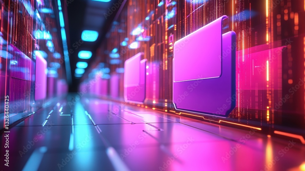 Poster a futuristic digital corridor features vibrant blue and purple lights alongside floating data folder