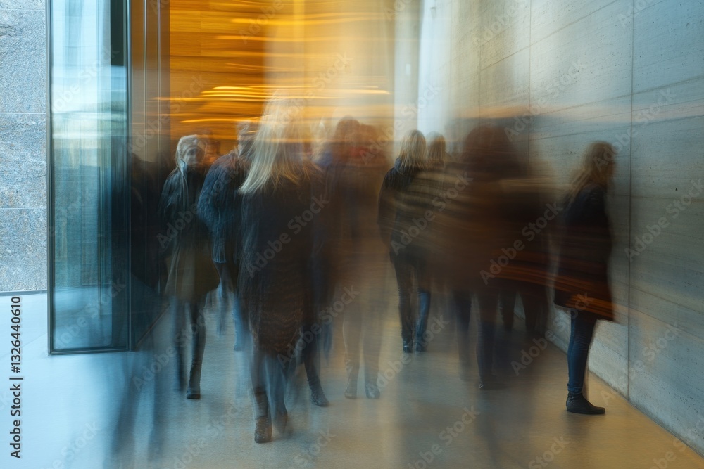 Poster people walking through a modern building with blurred movements and warm lighting in a busy urban se