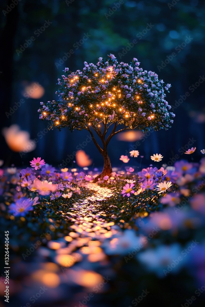 Poster a path made of flowers leading to a glowing tree of unity