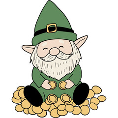 Gnome St. patricks day theme, Cheerful gnome sitting on a pile of gold coins, wearing a green outfit and a hat.