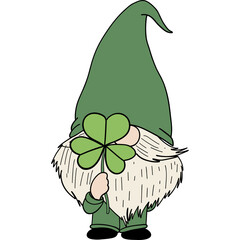 Gnome St. patricks day theme, Whimsical gnome holding a four-leaf clover in a green outfit.