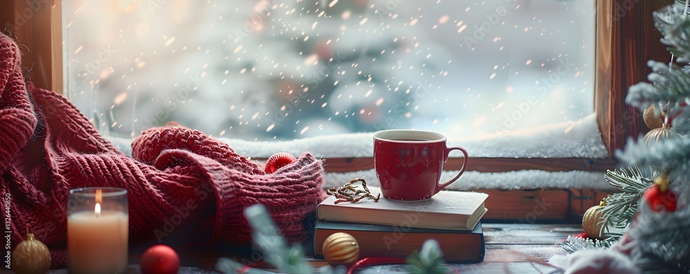 Poster a red mug with a candle in it sits on a table next to a book