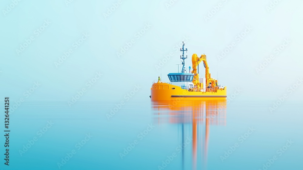 Poster robot deep-sea dredging vessel extracting sediment for navigation channels, minimalist background, c