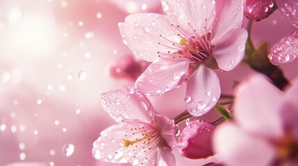 Obraz premium Closeup of pink cherry blossoms with rain