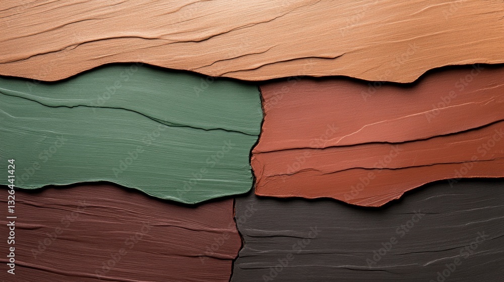 Poster olive green and rust red textures with embedded aged parchment pieces, bringing a historical and wea