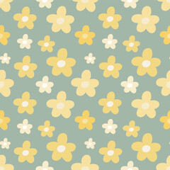 Naive seamless floral pattern with clockwork daisies on a dark background in doodle style.