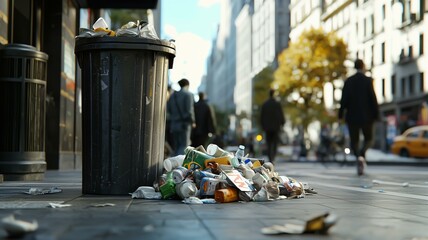 A trash can overflowing with waste on a busy city street, photorealistic urban scene
