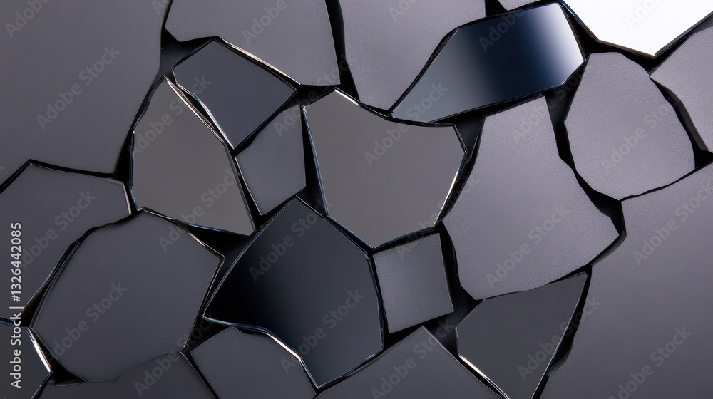 Poster ashen gray and smoky black layers with interspersed mirror shards, reflecting distortion and depth.