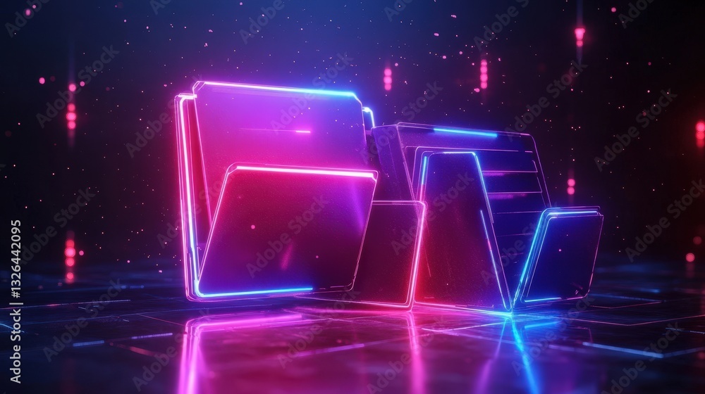 Poster a vibrant, futuristic digital display featuring glowing neon shapes against a dark background, creat