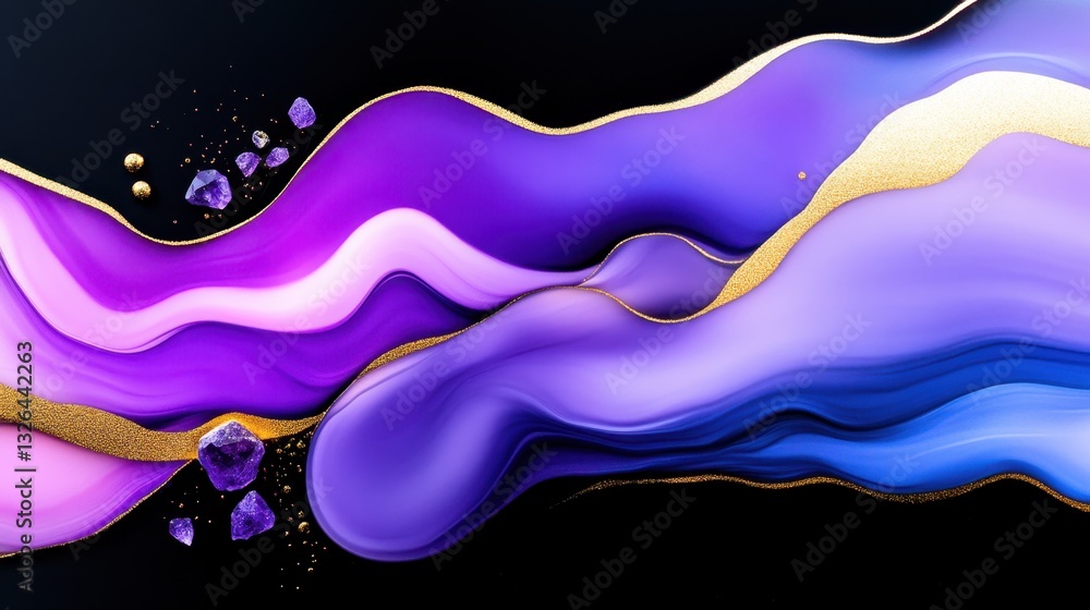 Poster deep violet and indigo smudges with embedded crushed amethyst, merging spirituality with abstract ex