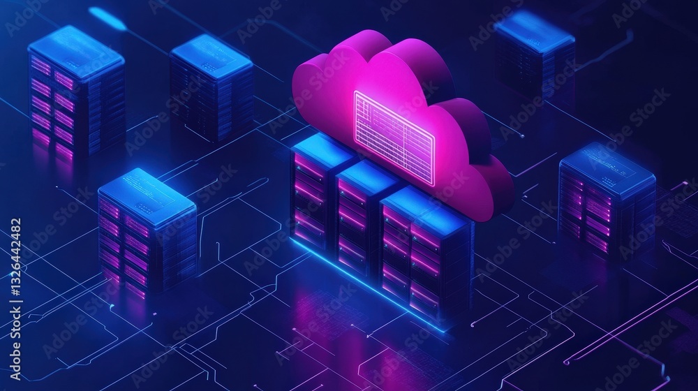 Poster a vibrant digital representation of cloud computing, featuring colorful servers and a cloud symbol, 