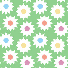 Naive seamless pattern with flowers on green background in doodle style.