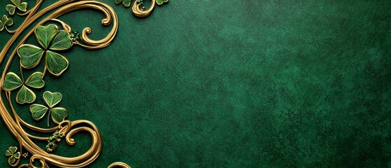 Elegant Ornamented Golden Celtic Shamrocks and Floral Elements on Emerald Green Textured Surface Design