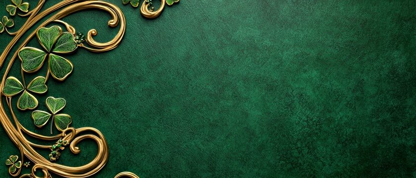 Elegant Ornamented Golden Celtic Shamrocks and Floral Elements on Emerald Green Textured Surface Design