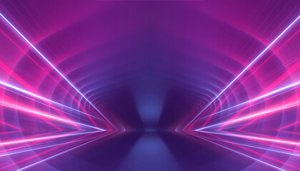 Neon light in tunnels, rays and lines. Perspective of light in motion. Dark abstract neon background, empty stage.