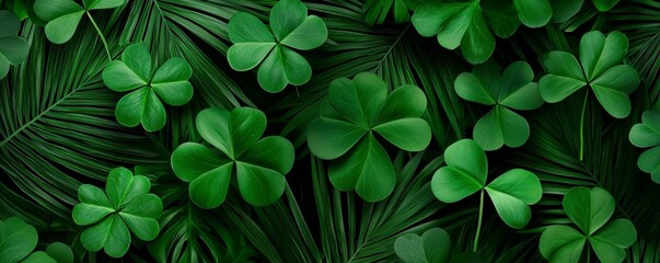 Lush Green Clover Patch Symbolizing Luck and Spring's Arrival Amidst Palm Leaves Backdrop