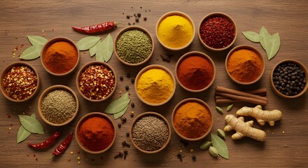 Colorful spices on wooden table