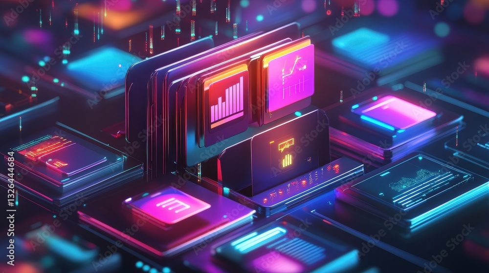 Poster a vibrant, futuristic digital landscape featuring layered screens displaying data and graphs amidst 