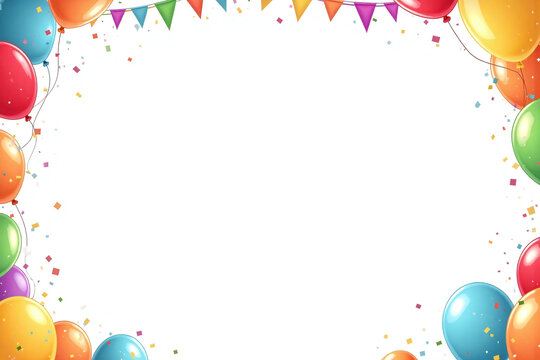 circle of colorful balloons and streamers on a white background