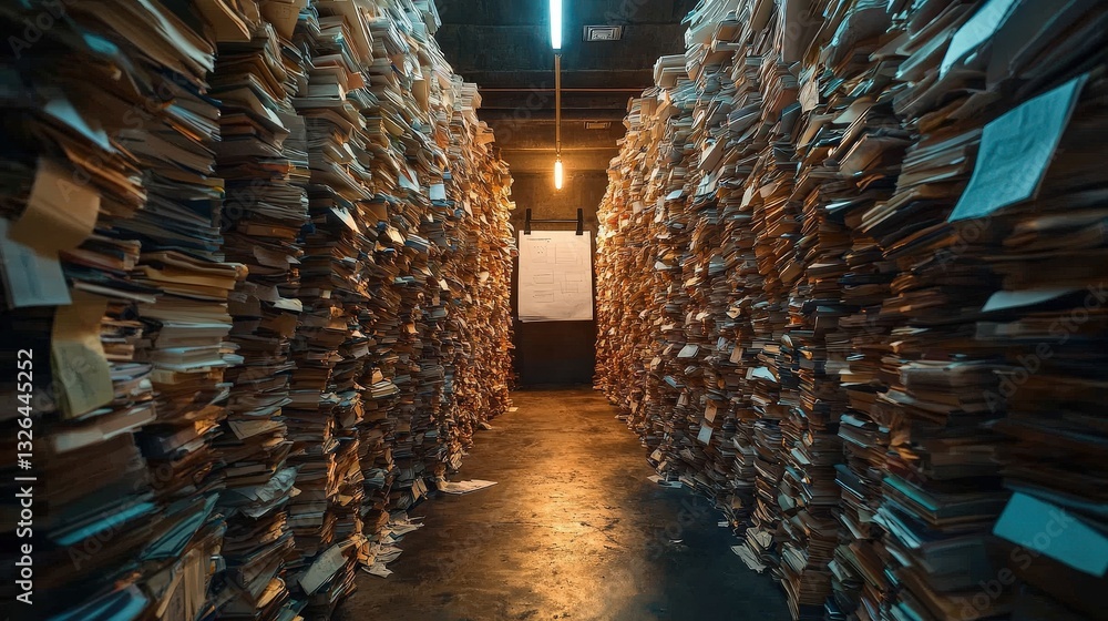 Aufkleber a dimly lit corridor flanked by towering stacks of disorganized paperwork, creating a sense of overw