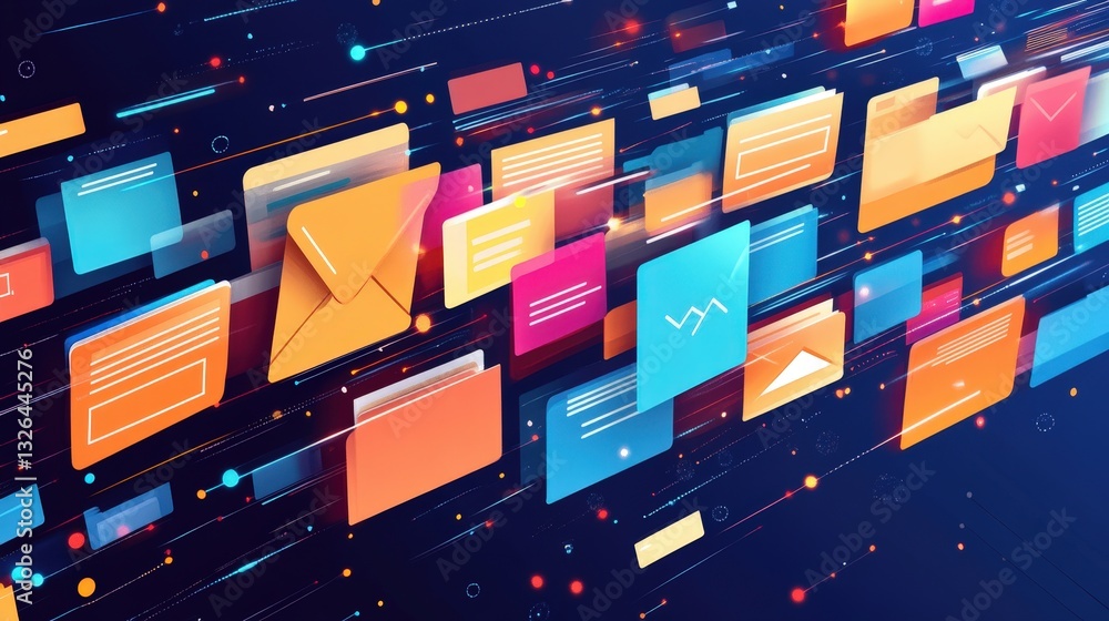 Aufkleber a vibrant digital scene featuring colorful envelopes and documents, representing communication and d