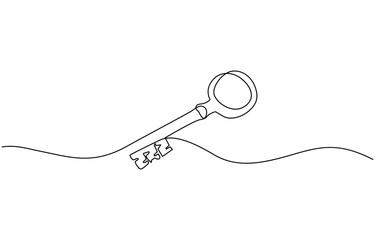 Old key line art silhouette. One line continuous outline vector illustration, Key line background. One continuous line drawing of key. Vector illustration. Key line icon.