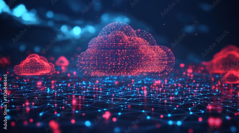 Poster a digital visualization of interconnected clouds emitting vibrant blue and red lights, representing 