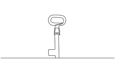 Old key line art silhouette. One line continuous outline vector illustration, Key line background. One continuous line drawing of key. Vector illustration. Key line icon.