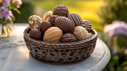Elegant basket filled with a variety of chocolates perfect for easter celebrations and joyous gatherings