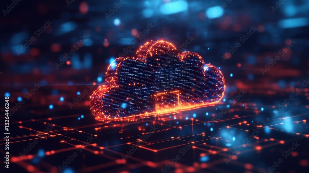 Poster a glowing cloud symbol surrounded by digital elements, representing cloud computing and data storage