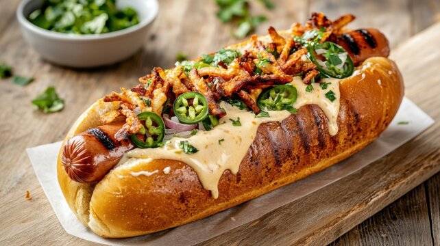 Gourmet hot dog with melted cheese, jalapenos, and crispy onions on a rustic wooden board.